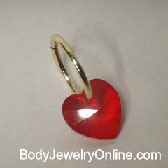 Valentines Belly Hoop w/ Swarovski Red Crystal Heart - 16 ga Hoop - 14k Gold (Y, W, or R), Sterling Silver, or Platinum