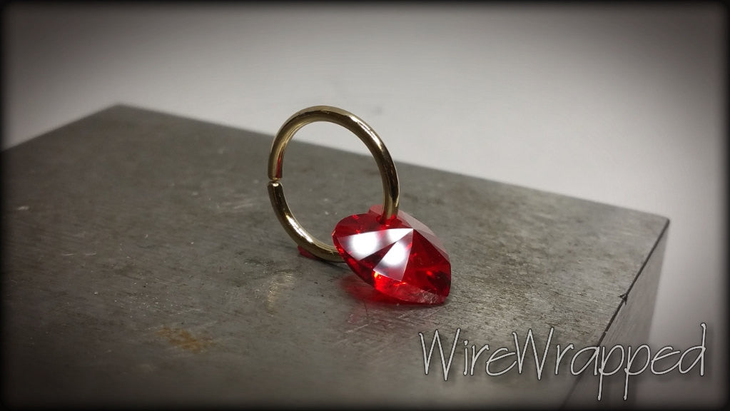 Valentines Belly Hoop w/ Swarovski Red Crystal Heart - 16 ga Hoop - 14k Gold (Y, W, or R), Sterling Silver, or Platinum