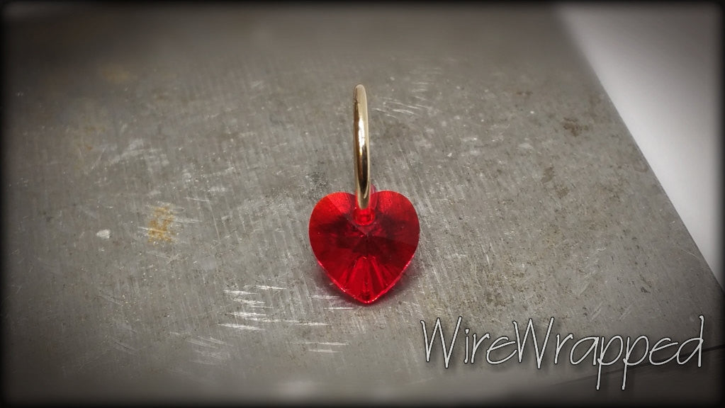 Valentines Belly Hoop w/ Swarovski Red Crystal Heart - 16 ga Hoop - 14k Gold (Y, W, or R), Sterling Silver, or Platinum