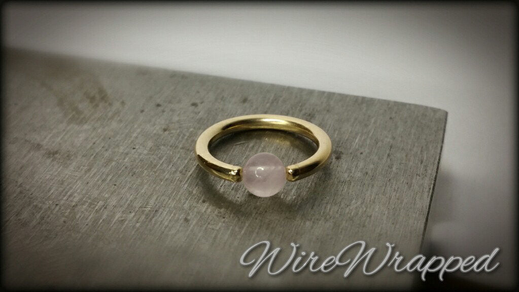 Rose Quartz Captive Bead Ring CBR - 16 ga Hoop - 14k Gold or Platinum