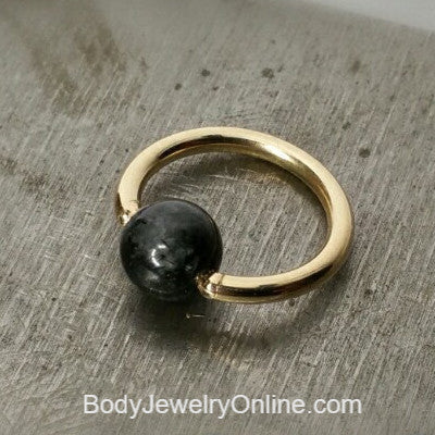 Quartz / Tourmaline Dark Captive Bead Ring - 14 ga Hoop - 14k Gold (Y, W, or R), Sterling Silver, or Platinum