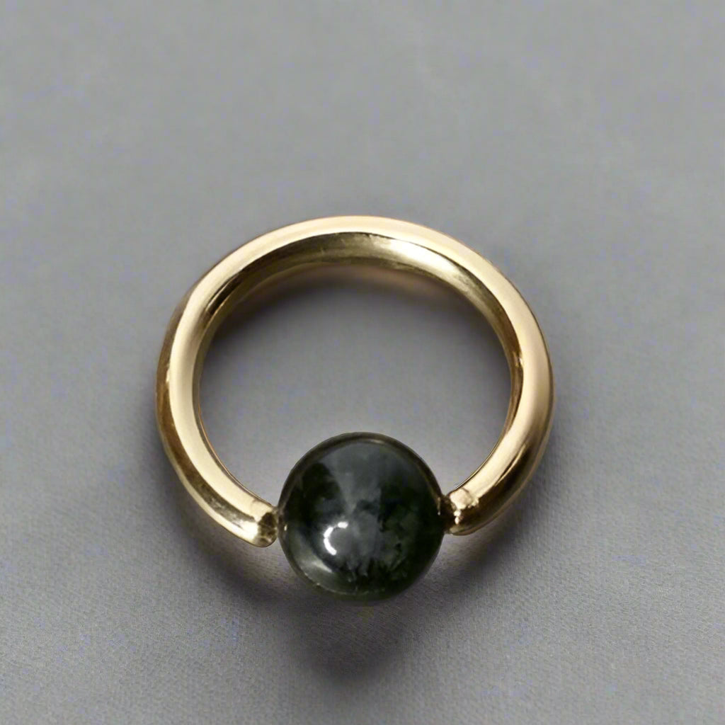 Quartz / Tourmaline Dark Captive Bead Ring - 14 ga Hoop - 14k Gold (Y, W, or R), Sterling Silver, or Platinum