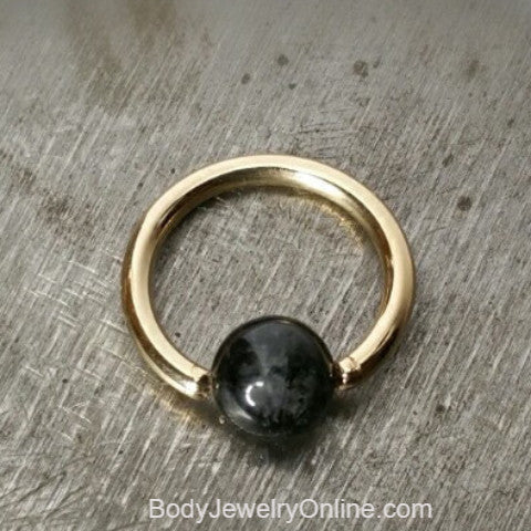 Quartz / Tourmaline Dark Captive Bead Ring - 16 ga Hoop - 14k Gold (Y, W, or R), Sterling Silver, or Platinum