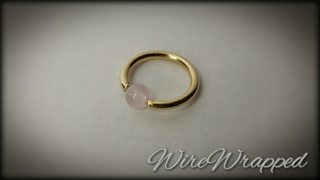 Rose Quartz Captive Bead Ring CBR - 16 ga Hoop - 14k Gold or Platinum