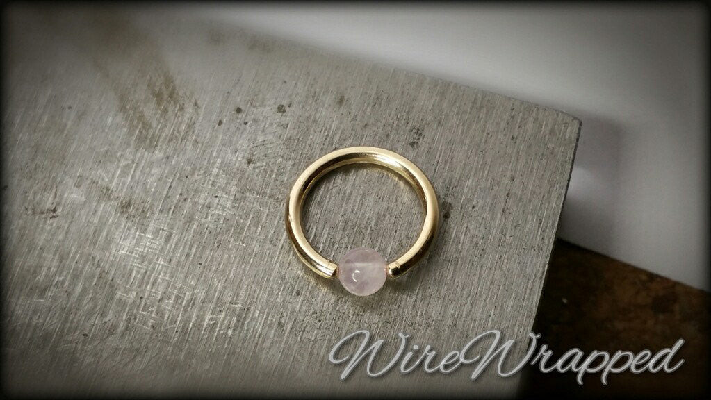 Rose Quartz Captive Bead Ring - 14 ga Hoop - 14k Gold (Y, W, or R), Sterling Silver, or Platinum