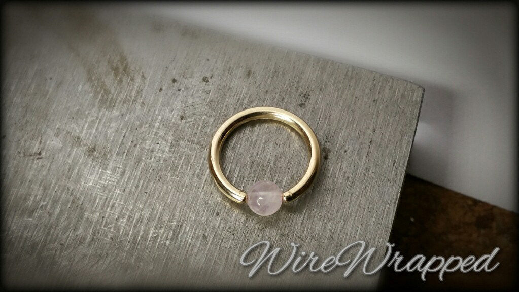 Rose Quartz Captive Bead Ring CBR - 16 ga Hoop - 14k Gold or Platinum