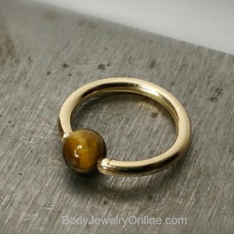Tiger's Eye Captive Bead Ring - 16 ga Hoop - 14k Gold (Y, W, or R), Sterling Silver, or Platinum