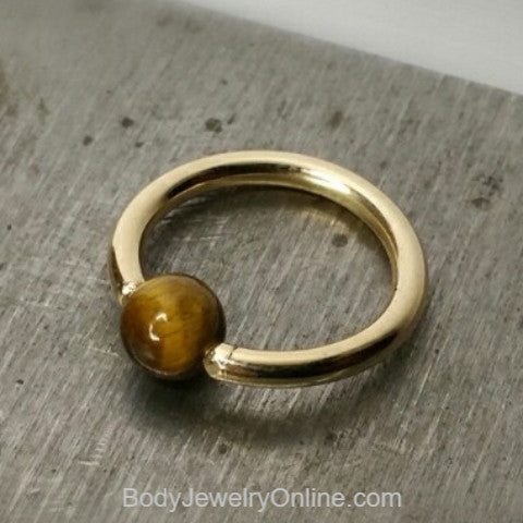 Tiger's Eye Captive Bead Ring - 12 ga Hoop - 14k Gold (Y, W, or R), Sterling Silver, or Platinum