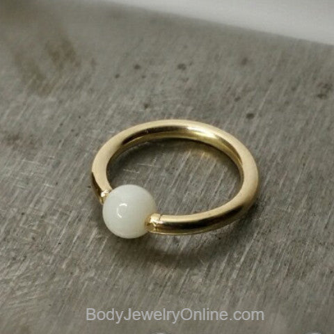 White Agate Captive Bead Ring - 16 ga Hoop - 14k Gold (Y, W, or R), Sterling Silver, or Platinum