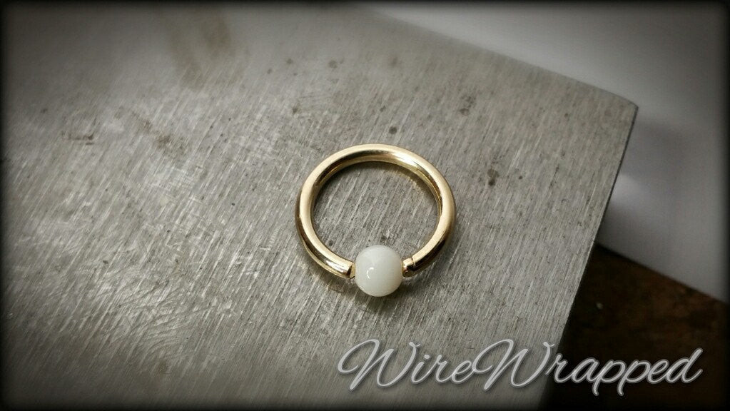 White Agate Captive Bead Ring - 16 ga Hoop - 14k Gold (Y, W, or R), Sterling Silver, or Platinum