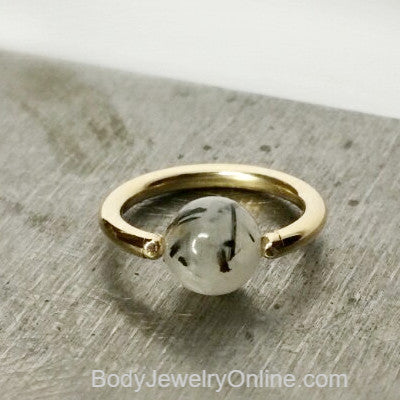 Quartz / Tourmaline Light Captive Bead Ring - 16 ga Hoop - 14k Gold (Y, W, or R), Sterling Silver, or Platinum