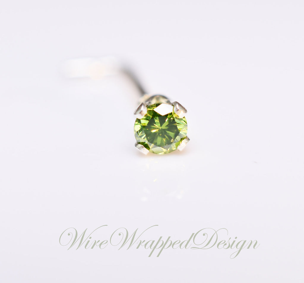 Green Diamond Nose Stud 2mm - Post w/ 14k Solid Yellow or White Gold or Sterling Silver - Helix Tragus Lobe Lip Cartilage