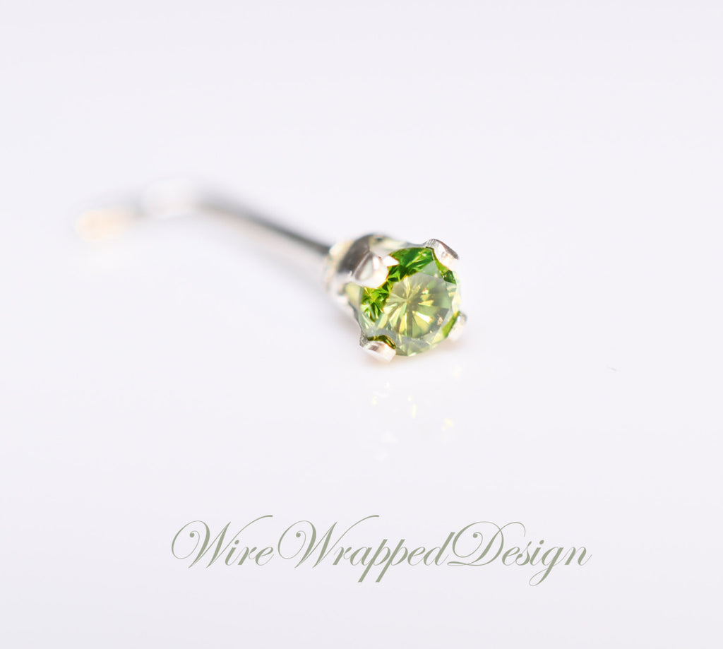 Green Diamond Nose Stud 2mm - Post w/ 14k Solid Yellow or White Gold or Sterling Silver - Helix Tragus Lobe Lip Cartilage