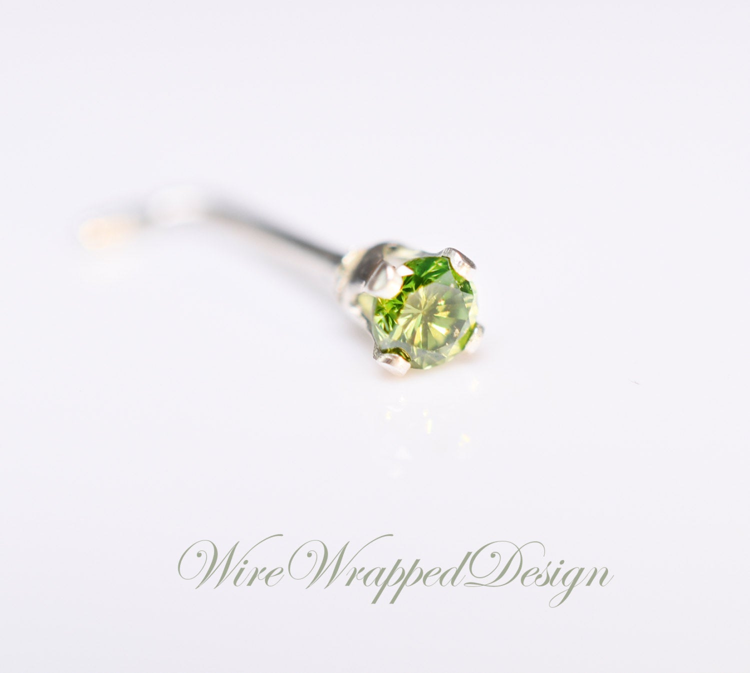 Green Diamond Nose Stud 2mm - Post w/ 14k Solid Yellow or White Gold or Sterling Silver - Helix Tragus Lobe Lip Cartilage